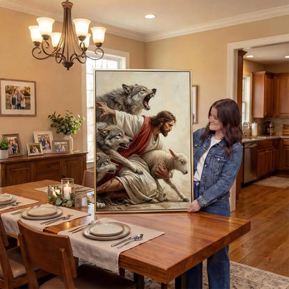 Jesus saves the lamb Christian canvas art depicting the Good Shepherd
