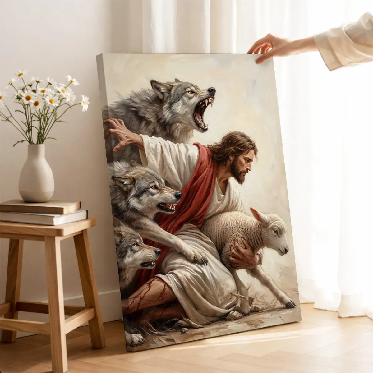 Jesus saves the lamb Christian canvas art depicting the Good Shepherd
