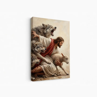 Jesus saves the lamb Christian canvas art depicting the Good Shepherd