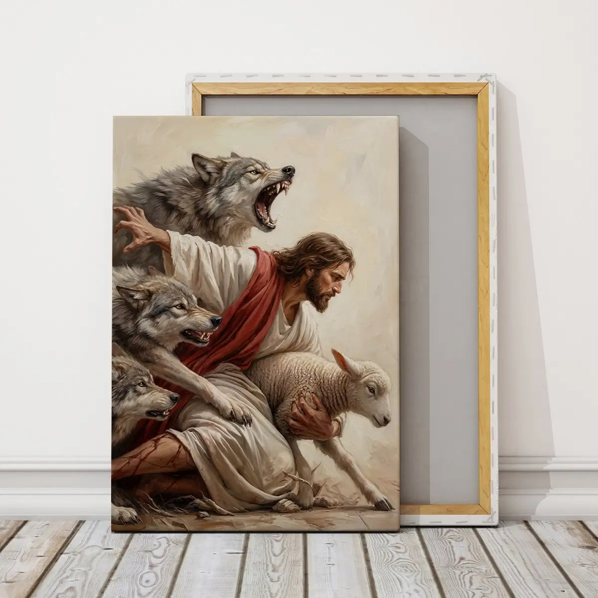 Jesus saves the lamb Christian canvas art depicting the Good Shepherd