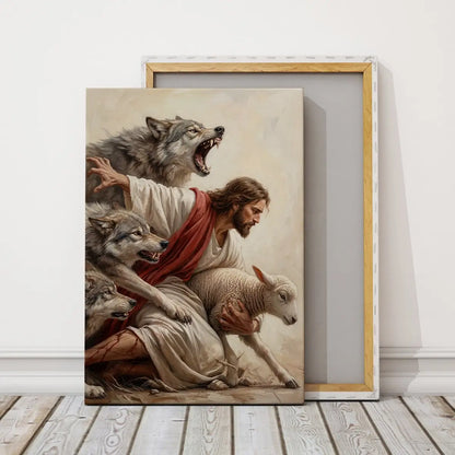 Jesus saves the lamb Christian canvas art depicting the Good Shepherd