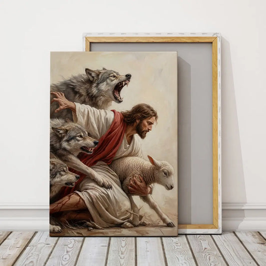 Jesus saves the lamb Christian canvas art depicting the Good Shepherd