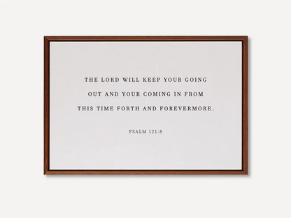 Anchor your travels and home in divine protection with this inspiring Christian canvas wall art. This framed canvas print features the comforting promise from Psalm 121:8: "The Lord will keep your going out and your coming in."