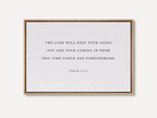 Christian canvas wall art featuring Psalm 121:8 minimalist scripture design