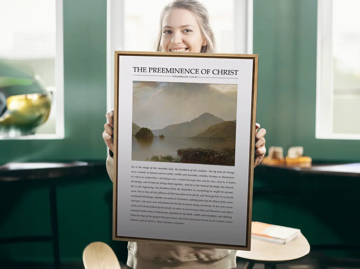 Anchor your home in the sovereignty of Christ with this inspiring Christian canvas wall art. This framed canvas print features a powerful landscape painting paired with the foundational theological truth from Colossians 1 on the preeminence of Jesus.