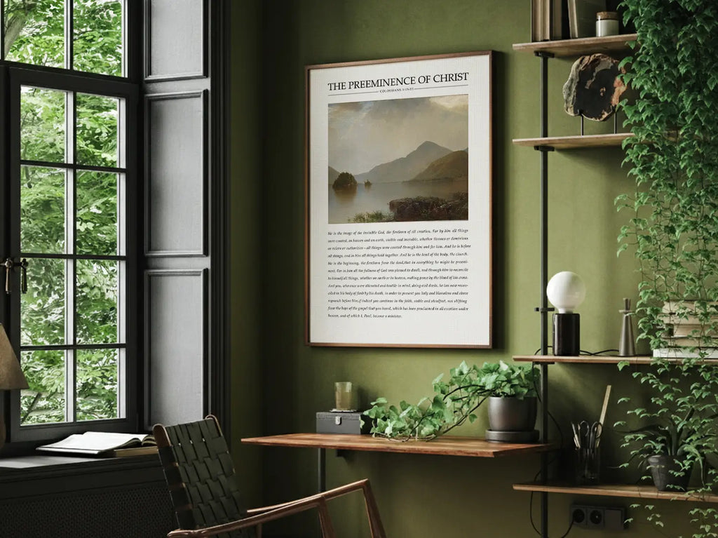 Anchor your home in the sovereignty of Christ with this inspiring Christian canvas wall art. This framed canvas print features a powerful landscape painting paired with the foundational theological truth from Colossians 1 on the preeminence of Jesus.