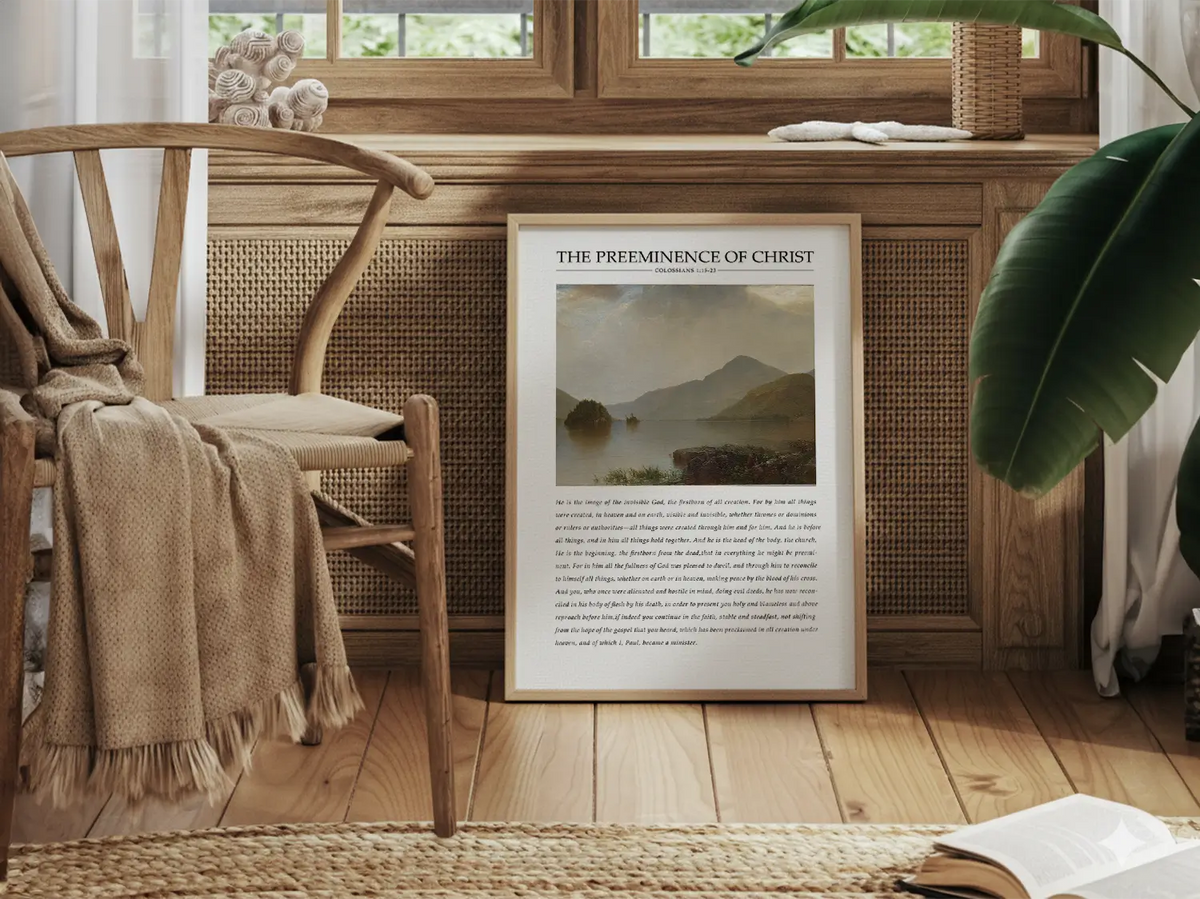 Anchor your home in the sovereignty of Christ with this inspiring Christian canvas wall art. This framed canvas print features a powerful landscape painting paired with the foundational theological truth from Colossians 1 on the preeminence of Jesus.