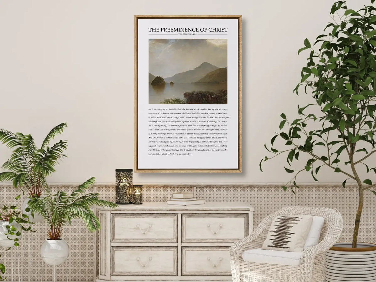Anchor your home in the sovereignty of Christ with this inspiring Christian canvas wall art. This framed canvas print features a powerful landscape painting paired with the foundational theological truth from Colossians 1 on the preeminence of Jesus.