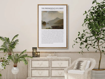 Anchor your home in the sovereignty of Christ with this inspiring Christian canvas wall art. This framed canvas print features a powerful landscape painting paired with the foundational theological truth from Colossians 1 on the preeminence of Jesus.