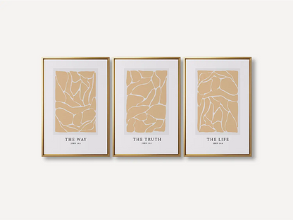 Elevate your space with this inspiring, modern Christian wall art set. This collection of three framed scripture prints features a contemporary abstract design and the powerful truth from John 14:6, perfect for modern or minimalist homes.