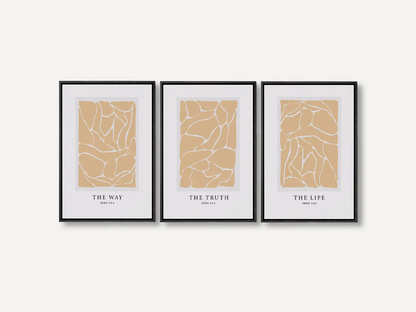 Elevate your space with this inspiring, modern Christian wall art set. This collection of three framed scripture prints features a contemporary abstract design and the powerful truth from John 14:6, perfect for modern or minimalist homes.