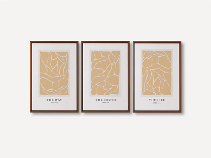 Elevate your space with this inspiring, modern Christian wall art set. This collection of three framed scripture prints features a contemporary abstract design and the powerful truth from John 14:6, perfect for modern or minimalist homes.