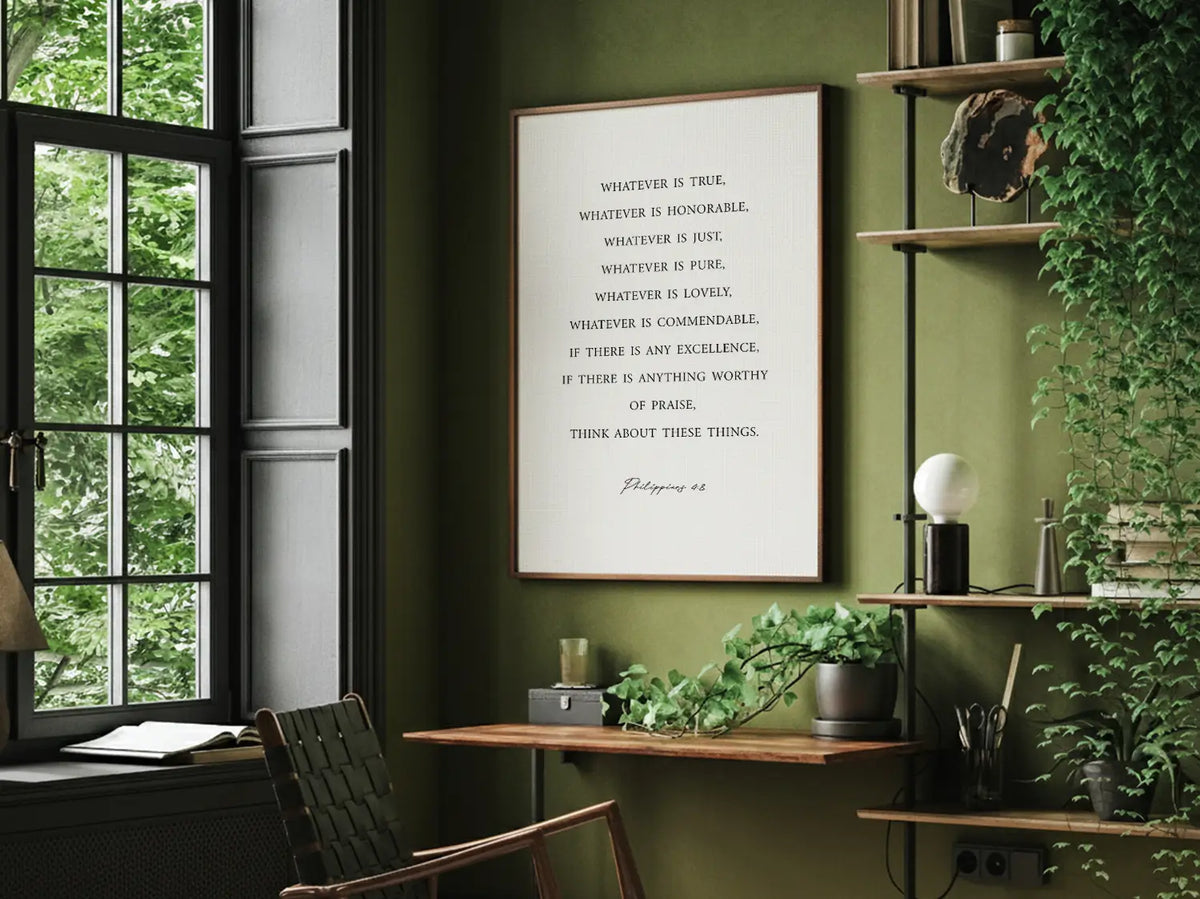 Minimalist Bible verse wall art hanging in modern living room with neutral decor
Christian scripture canvas print displayed in quiet home office space