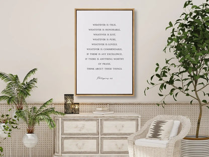 Anchor your thoughts in positivity and truth with this inspiring Christian canvas wall art. This framed canvas print features a clean, minimalist design and the profound wisdom from Philippians 4:8—a daily guide for spiritual focus.