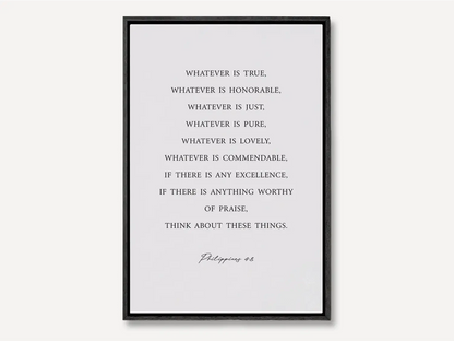 Anchor your thoughts in positivity and truth with this inspiring Christian canvas wall art. This framed canvas print features a clean, minimalist design and the profound wisdom from Philippians 4:8—a daily guide for spiritual focus.