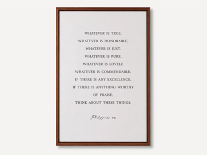 Anchor your thoughts in positivity and truth with this inspiring Christian canvas wall art. This framed canvas print features a clean, minimalist design and the profound wisdom from Philippians 4:8—a daily guide for spiritual focus.