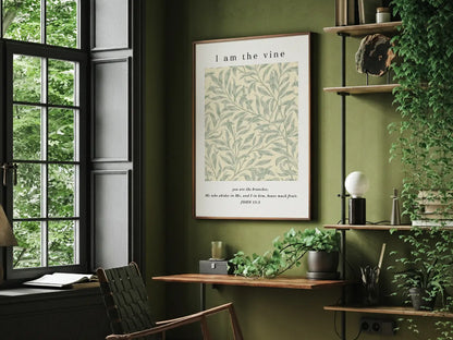 Anchor your home in the source of life and fruitfulness with this inspiring Christian canvas wall art. This framed canvas print features a beautiful botanical pattern paired with the essential truth from John 15:5: "I am the vine; you are the branches."