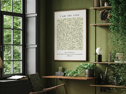Anchor your home in the source of life and fruitfulness with this inspiring Christian canvas wall art. This framed canvas print features a beautiful botanical pattern paired with the essential truth from John 15:5: "I am the vine; you are the branches."