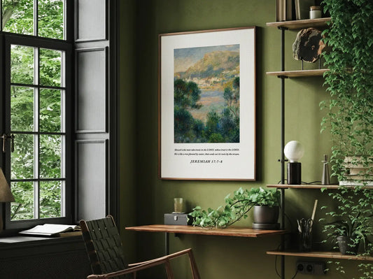 Anchor your life in unfailing trust with this inspiring Christian canvas wall art. This framed canvas print features a beautiful Mediterranean landscape painting paired with the comforting promise from Jeremiah 17:7-8 about being like a tree planted by water.