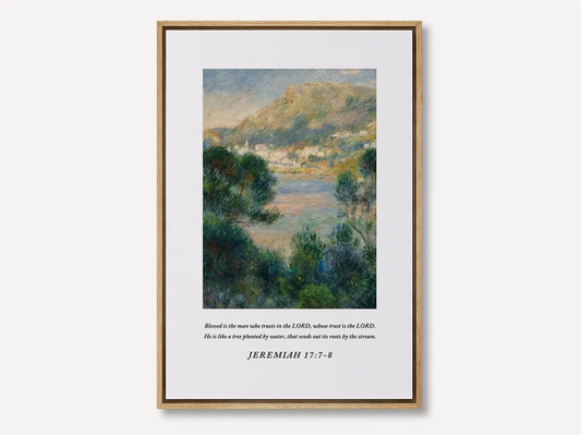 Anchor your life in unfailing trust with this inspiring Christian canvas wall art. This framed canvas print features a beautiful Mediterranean landscape painting paired with the comforting promise from Jeremiah 17:7-8 about being like a tree planted by water.