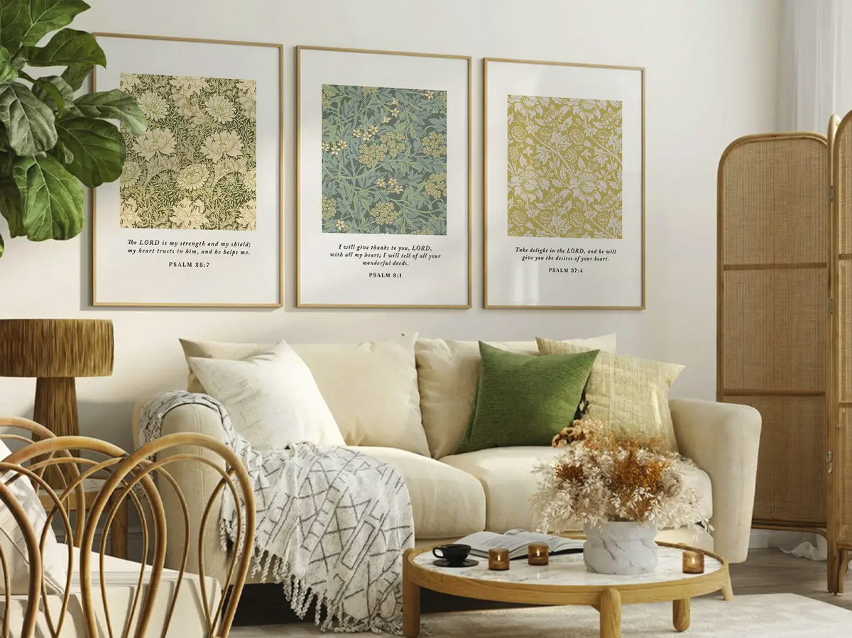 Bring classic artistry and faith into your home with this inspiring Christian wall art set. This collection of three framed scripture prints features beautiful William Morris style patterns paired with comforting verses from the Psalms, creating a timeless look.