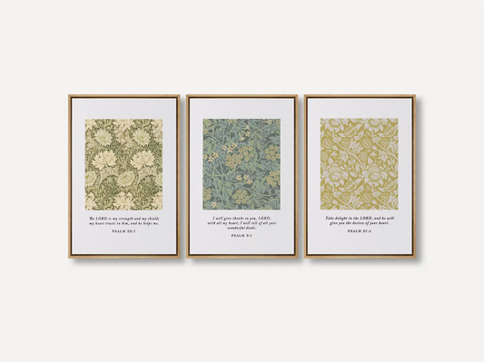 Bring classic artistry and faith into your home with this inspiring Christian wall art set. This collection of three framed scripture prints features beautiful William Morris style patterns paired with comforting verses from the Psalms, creating a timeless look.