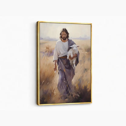 Carried by the Shepherd Christian canvas art showing Jesus holding a lamb