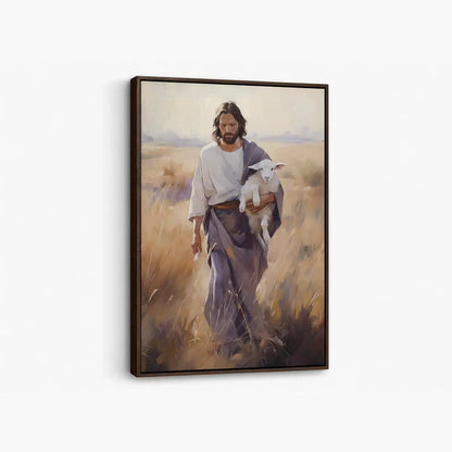 Carried by the Shepherd Christian canvas art showing Jesus holding a lamb