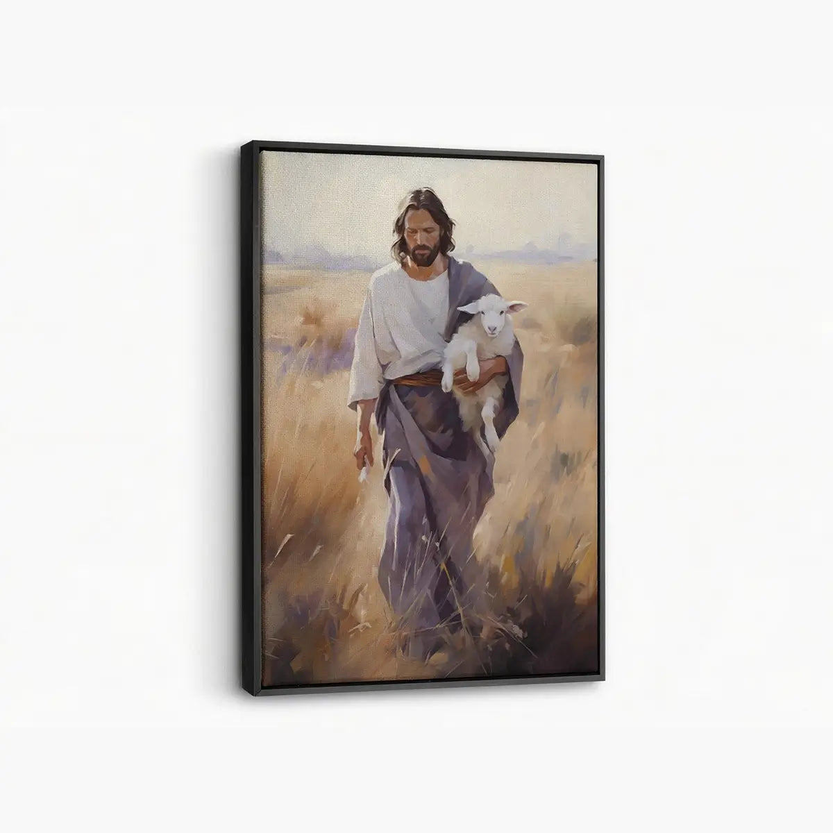 Carried by the Shepherd Christian canvas art showing Jesus holding a lamb