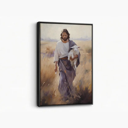 Carried by the Shepherd Christian canvas art showing Jesus holding a lamb