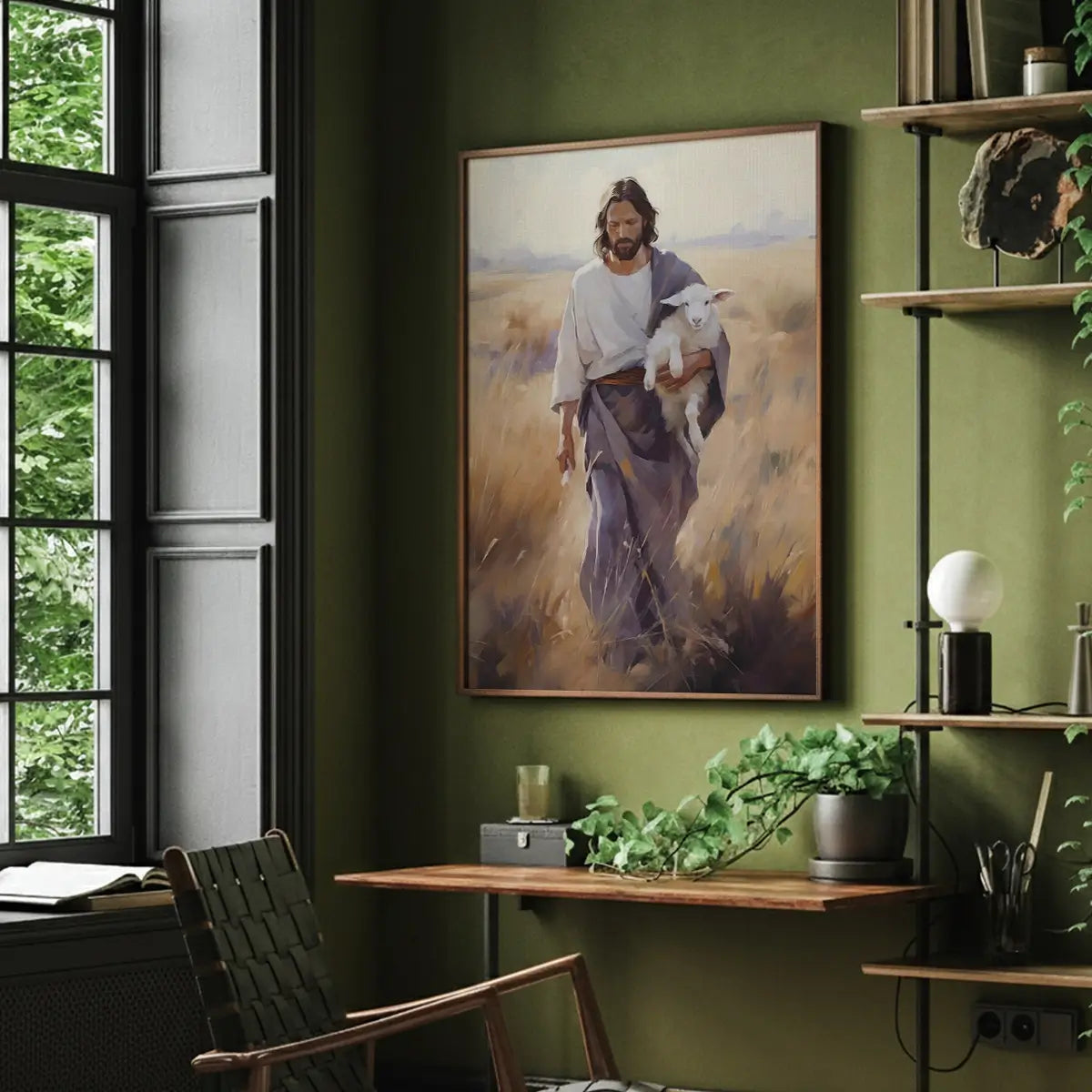 Carried by the Shepherd Christian canvas art showing Jesus holding a lamb