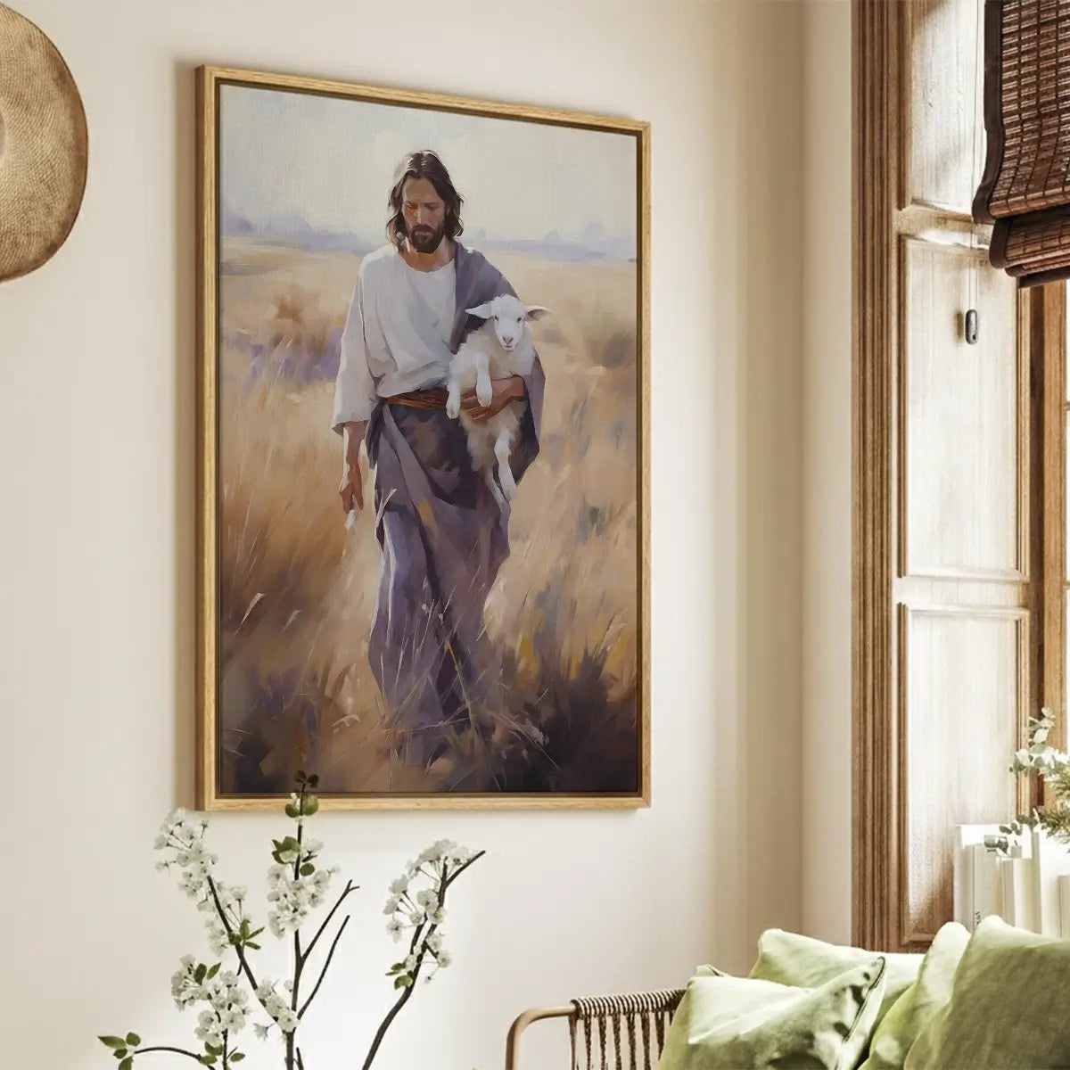 Carried by the Shepherd Christian canvas art showing Jesus holding a lamb
