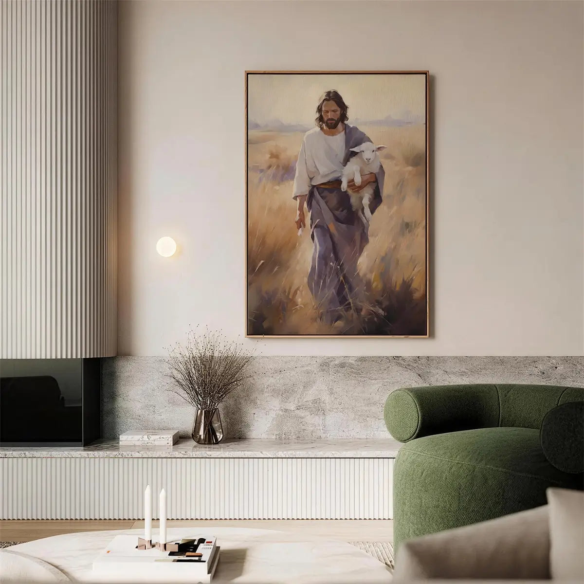 Carried by the Shepherd Christian canvas art showing Jesus holding a lamb