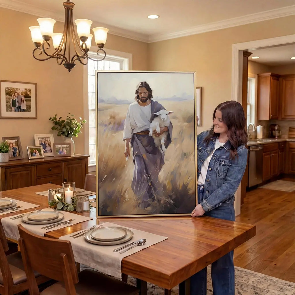 Carried by the Shepherd Christian canvas art showing Jesus holding a lamb
