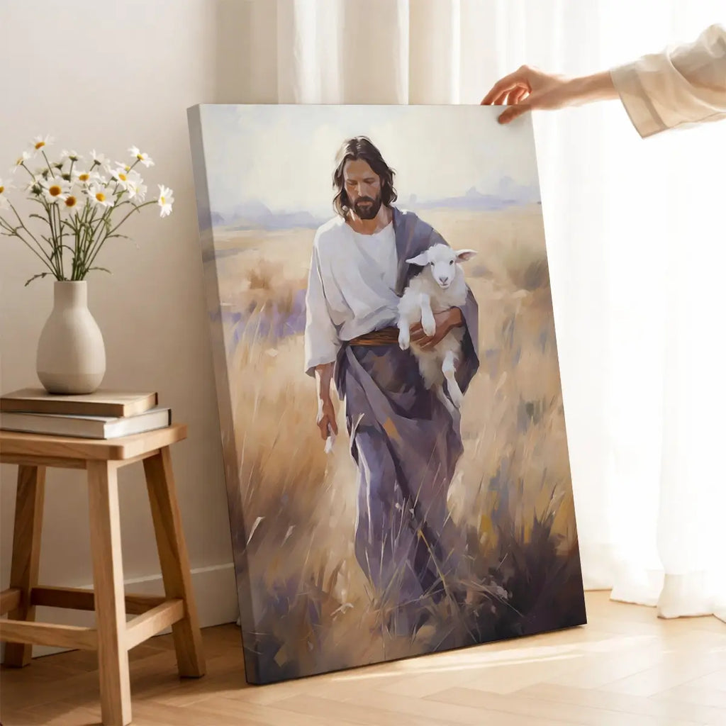 Carried by the Shepherd Christian canvas art showing Jesus holding a lamb
