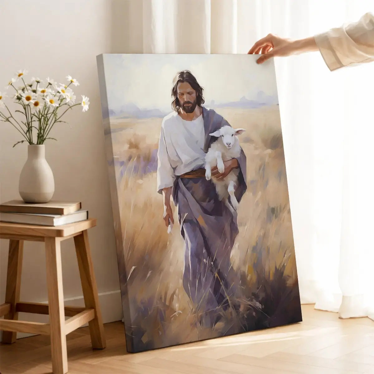 Carried by the Shepherd Christian canvas art showing Jesus holding a lamb