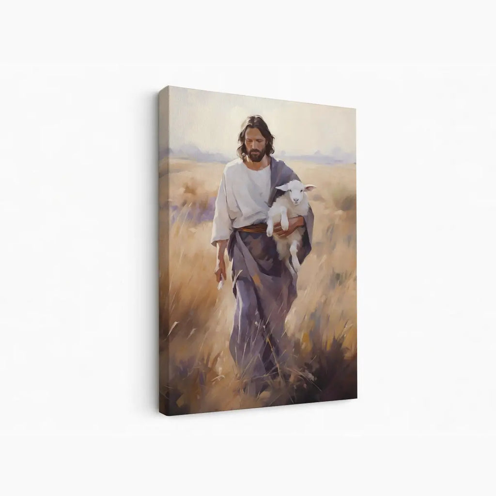 Carried by the Shepherd Christian canvas art showing Jesus holding a lamb