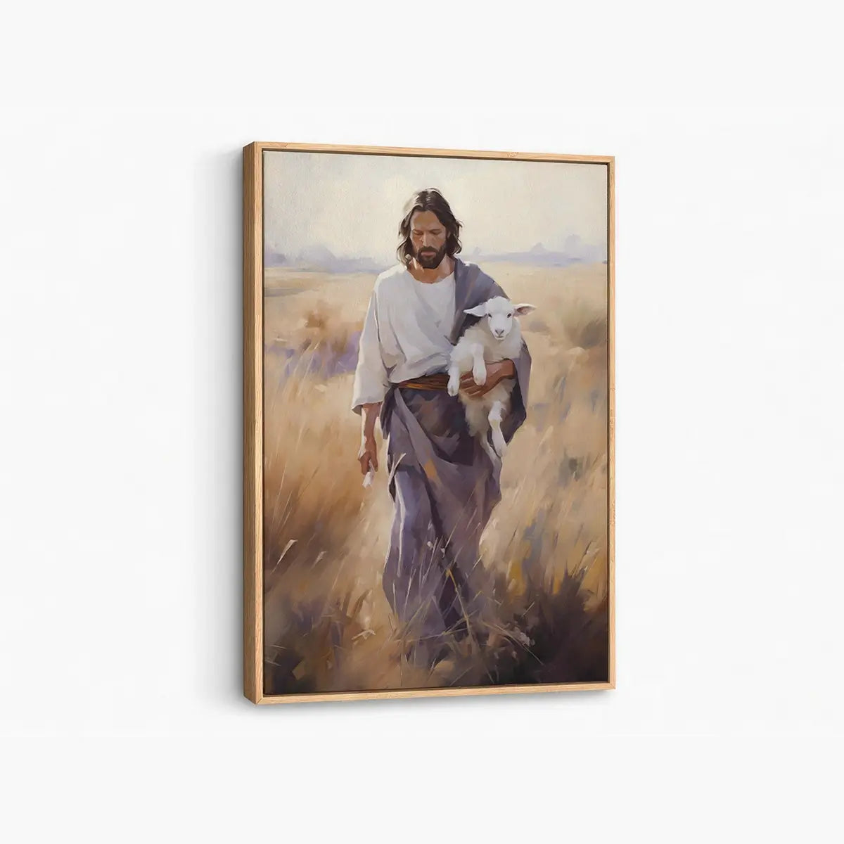 Carried by the Shepherd Christian canvas art showing Jesus holding a lamb