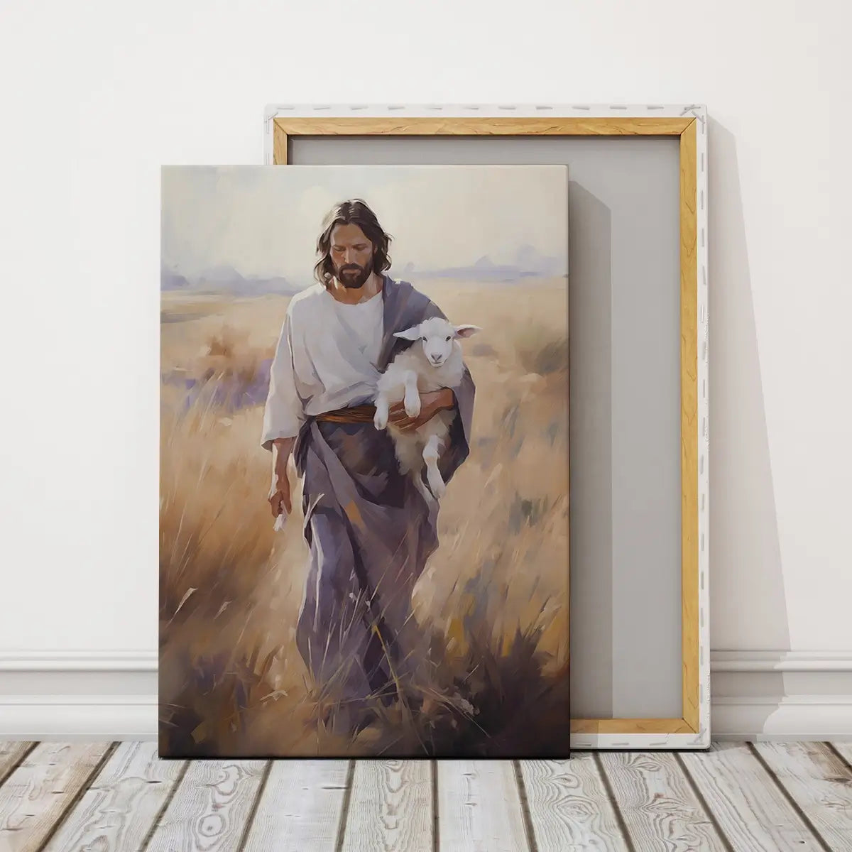 Carried by the Shepherd Christian canvas art showing Jesus holding a lamb