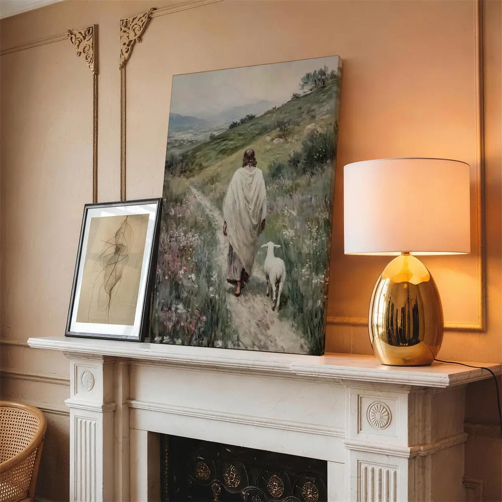 Following the Shepherd Christian canvas art showing Jesus leading a lamb