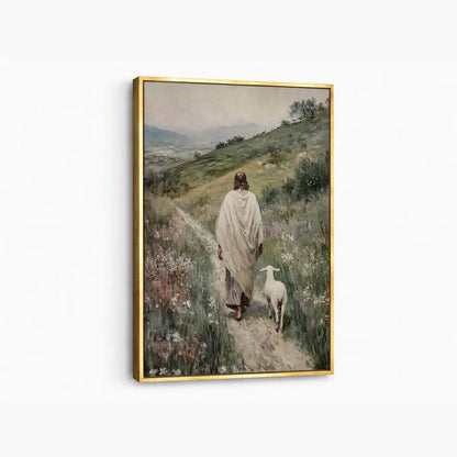 Following the Shepherd Christian canvas art showing Jesus leading a lamb