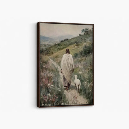 Following the Shepherd Christian canvas art showing Jesus leading a lamb