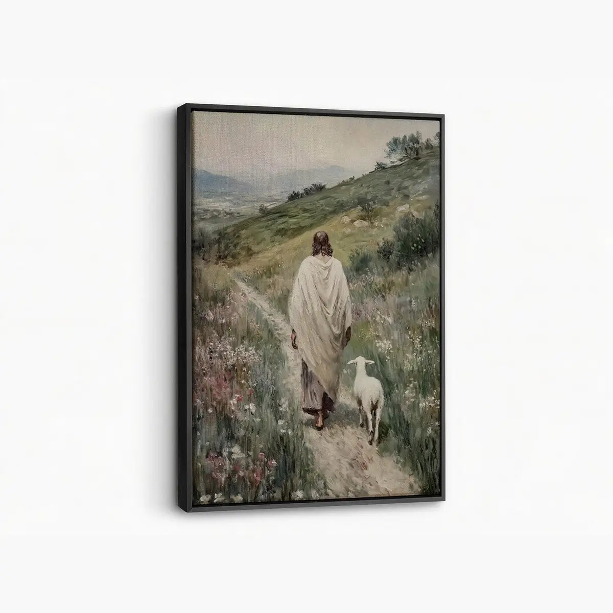 Following the Shepherd Christian canvas art showing Jesus leading a lamb