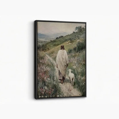 Following the Shepherd Christian canvas art showing Jesus leading a lamb