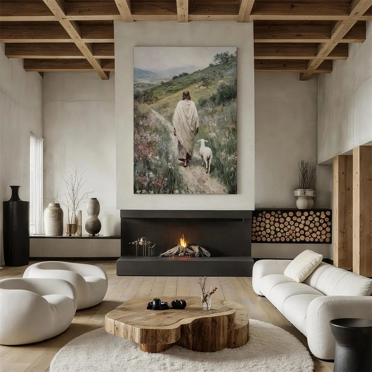 Good Shepherd Christian wall art displayed in a peaceful living room