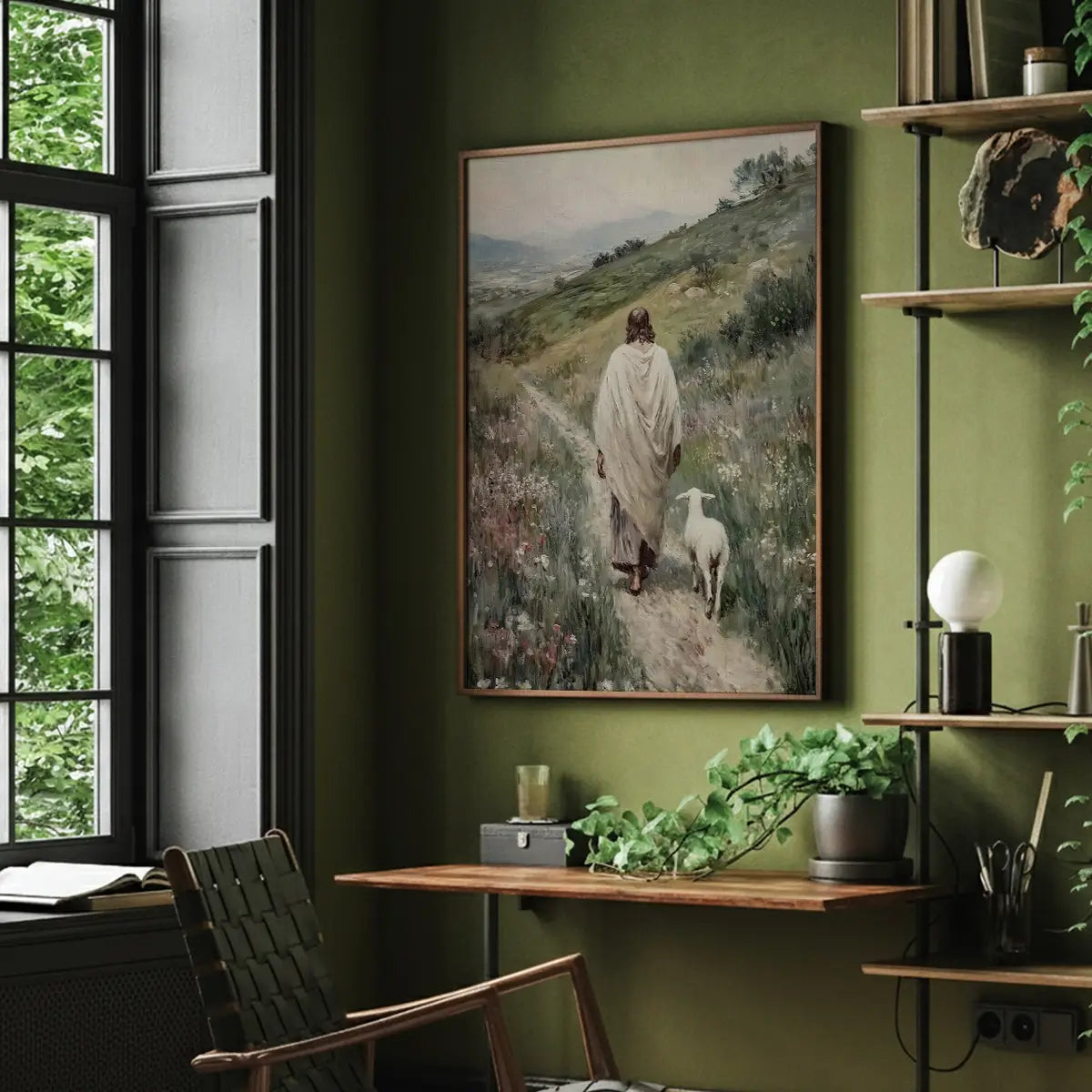 Following the Shepherd Christian canvas art showing Jesus leading a lamb