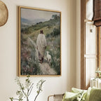 Following the Shepherd Christian canvas art showing Jesus leading a lamb