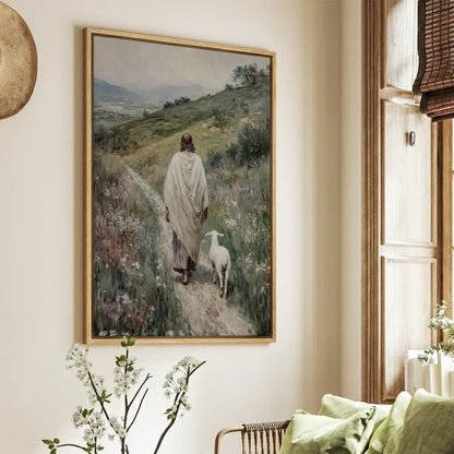 Following the Shepherd Christian canvas art showing Jesus leading a lamb