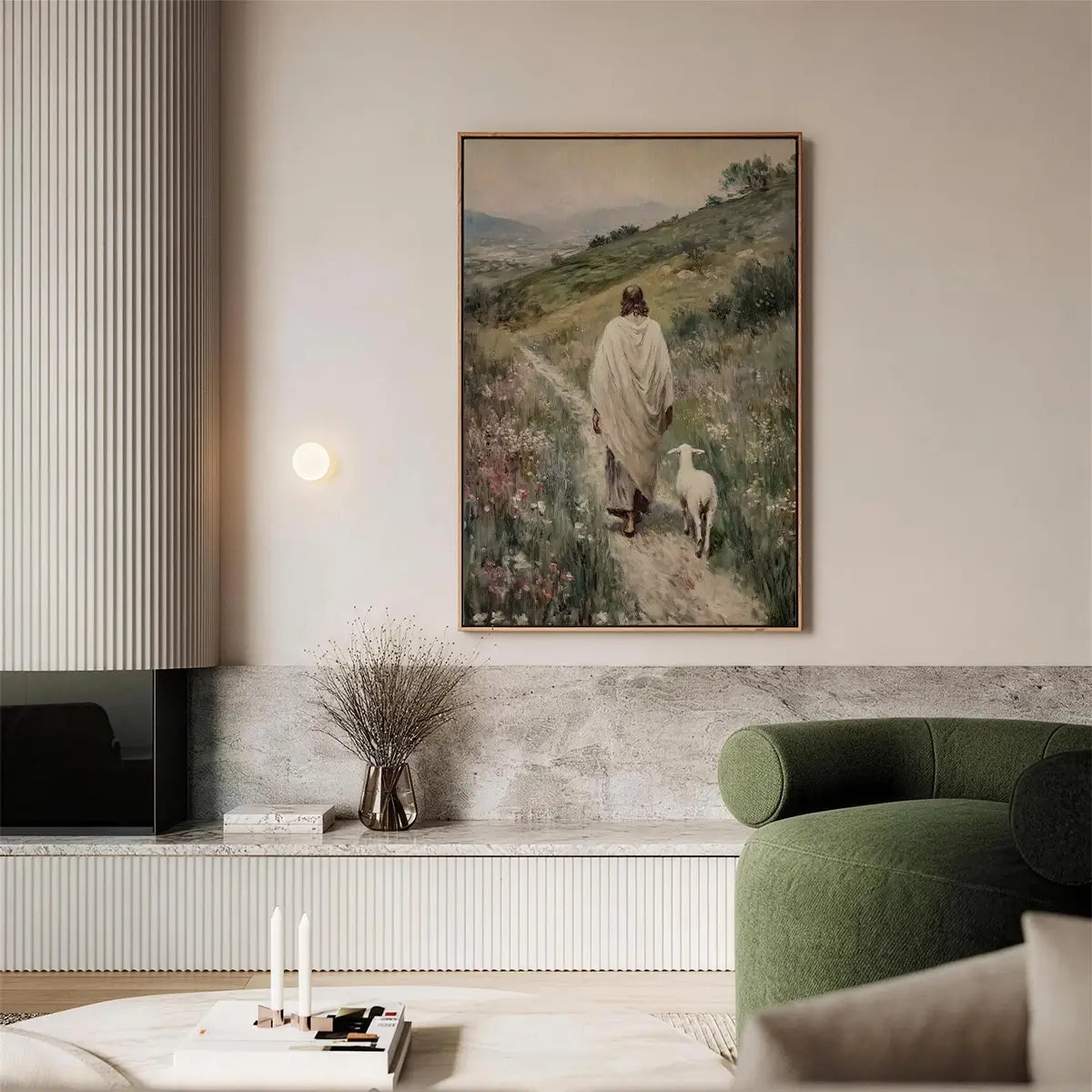 Following the Shepherd Christian canvas art showing Jesus leading a lamb