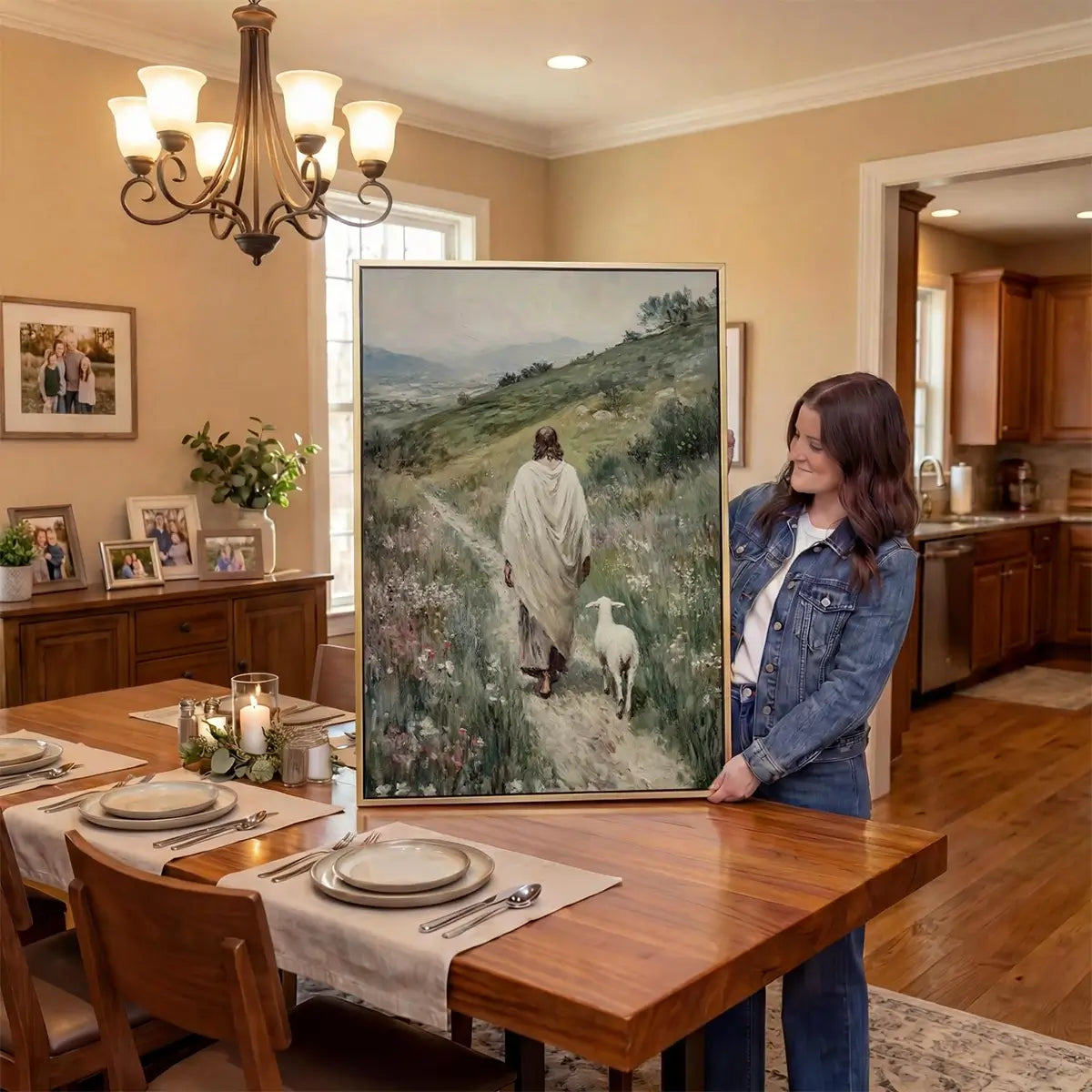 Following the Shepherd Christian canvas art showing Jesus leading a lamb